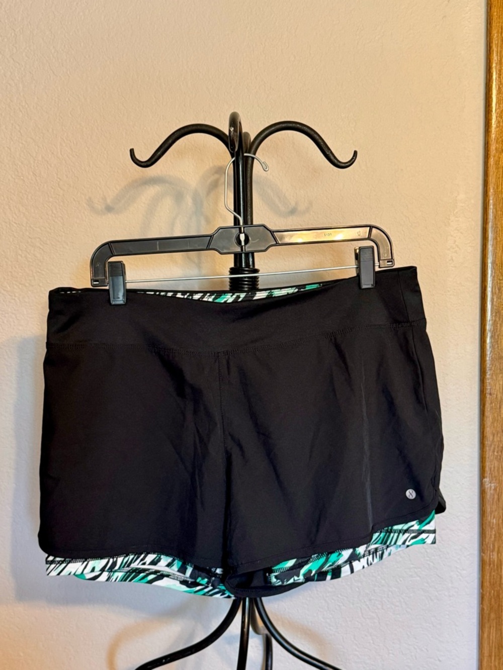Layer 8 Black Athletic Shorts with Teal Green Patterned Liner - L